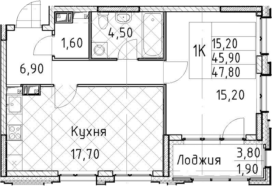 1-комнатная квартира 47.8 м², 3/13 эт., ЖК «Тайм Сквер»